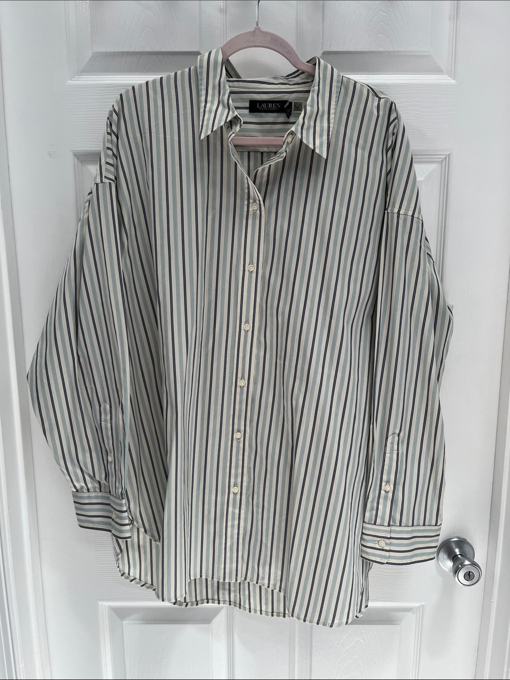 Lauren Ralph Lauren Cream and Navy Vertical-Stripe Button-Down Shirt - Picture 1 of 4